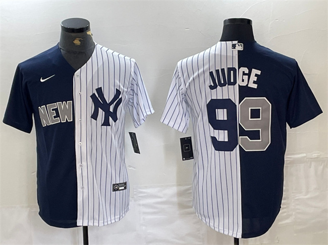 Men's New York Yankees #99 Aaron Judge Navy/White Split Cool Base Stitched Baseball Jersey Men's New York Yankees #99 Aaron Judge Navy/White Split Cool Base Stitched Baseball Jersey